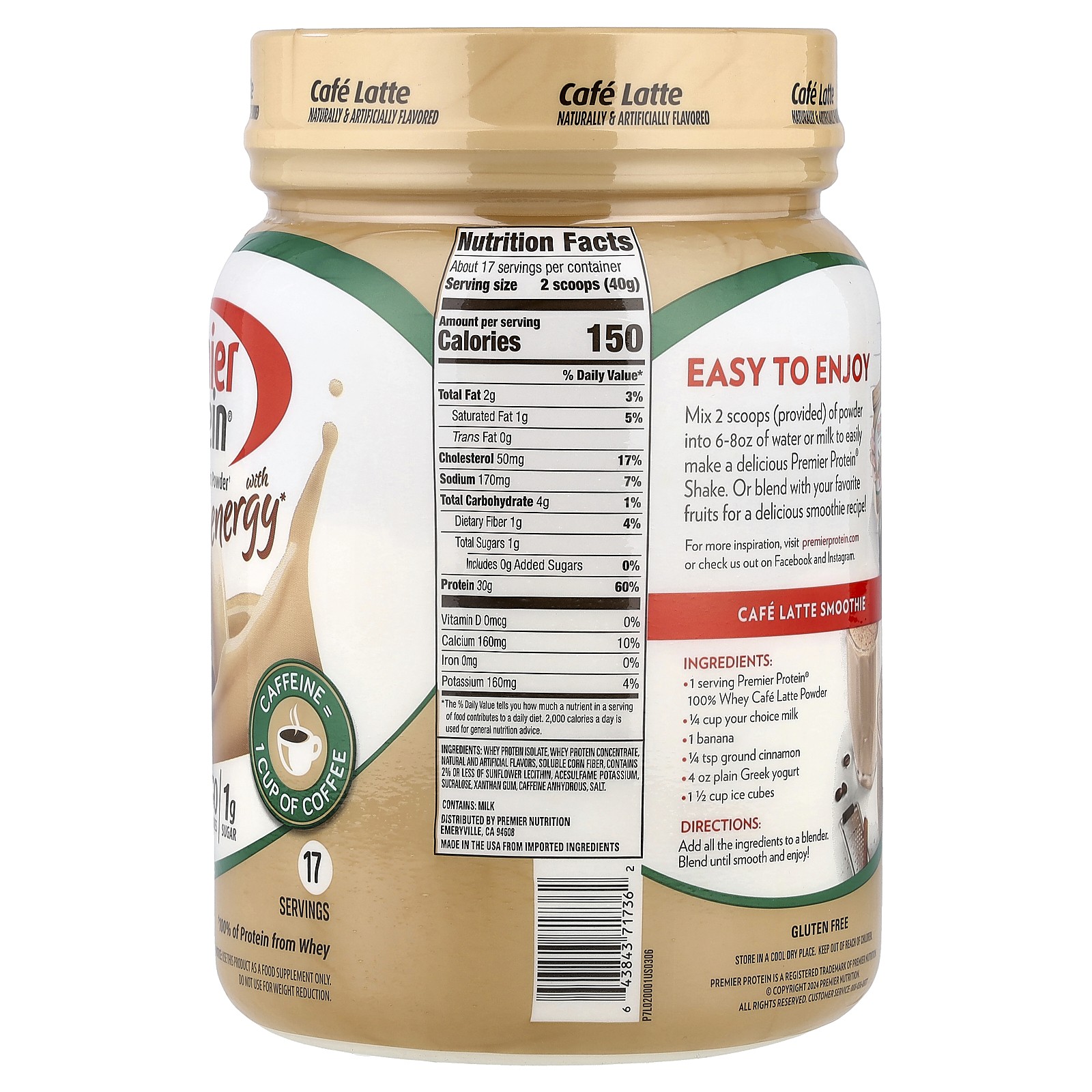 100% Whey Protein Powder with Energy, Cafe Latte, 23.9 oz (680 g)
