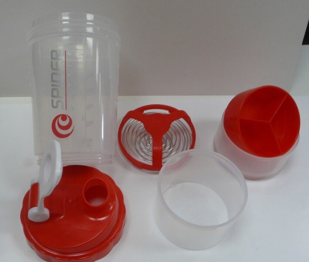 Spider bottle,protein shaker cup 3 in 1 (3 Layers) 2Go clear/ Red cup
