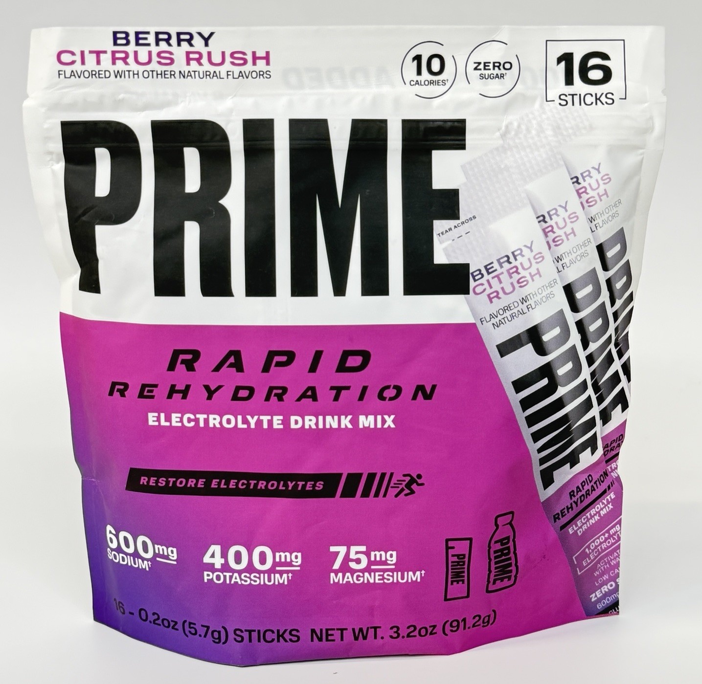 PRIME Electrolyte Hydration Powder Mix 16 Sticks Caffeine-Free Berry Citrus Rush