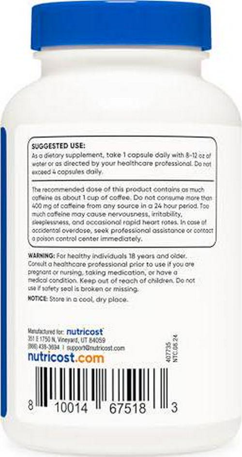 Nutricost Caffeine Pills 100mg Per Serving, 250 Capsules
