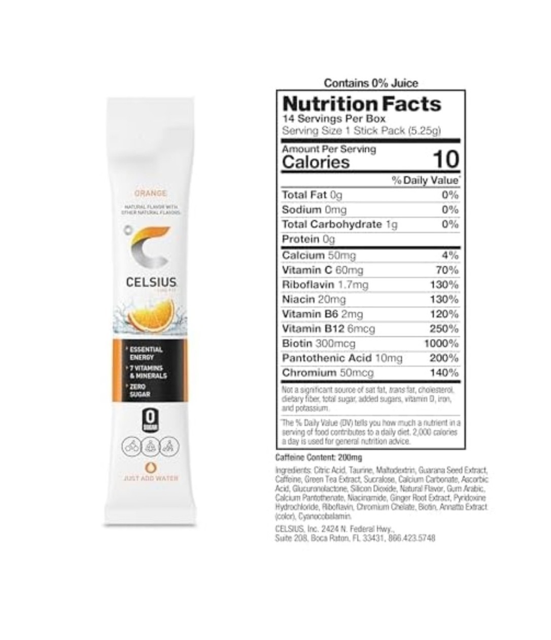 Celsius Essential Energy Powder Drink Mix Sticks Orange 14ct Vegan 200mg