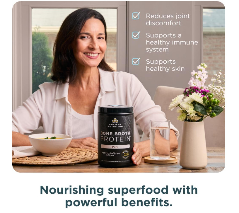 Ancient Nutrition Bone Broth Protein Powder 20g – Pure 40 servings (20 x 2-pack)