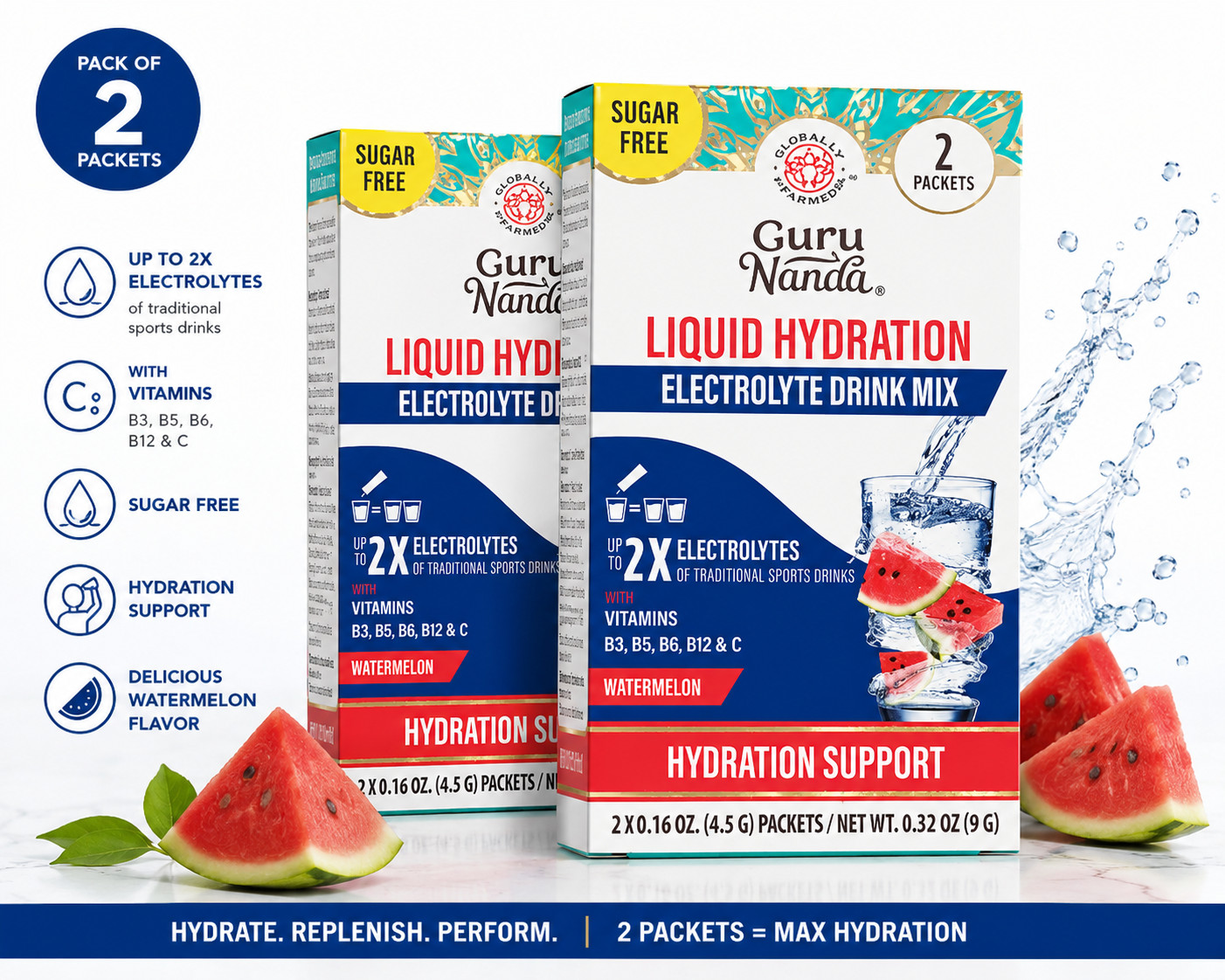 Guru Nanda Liquid Hydration Electrolyte Drink Mix – Watermelon (2 boxes)