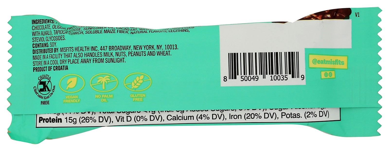 Misfits Plant-Based Protein Bar Mint Choc Chip Flavor Snack 15G 12 Pack