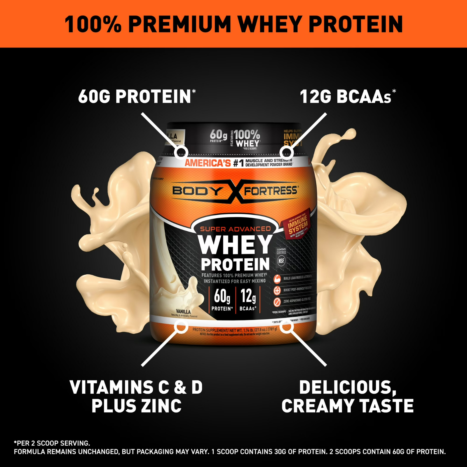 2 Pack Body Fortress 100% Premium Whey Protein Powder, Vanilla, 1.78 lbs