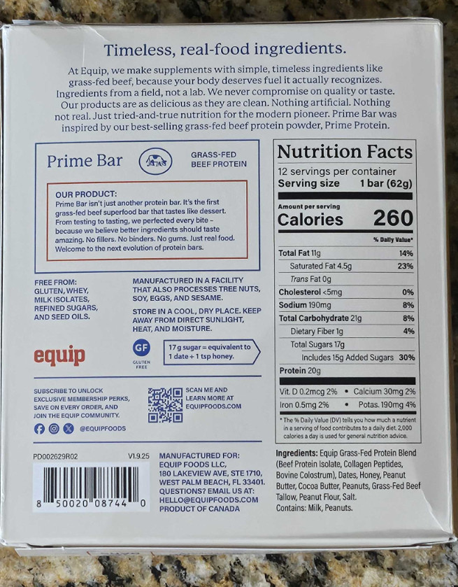 Equip Prime Bar Peanut Butter Grass-Fed Beef Protein Bars 12 Pack 20g Protein