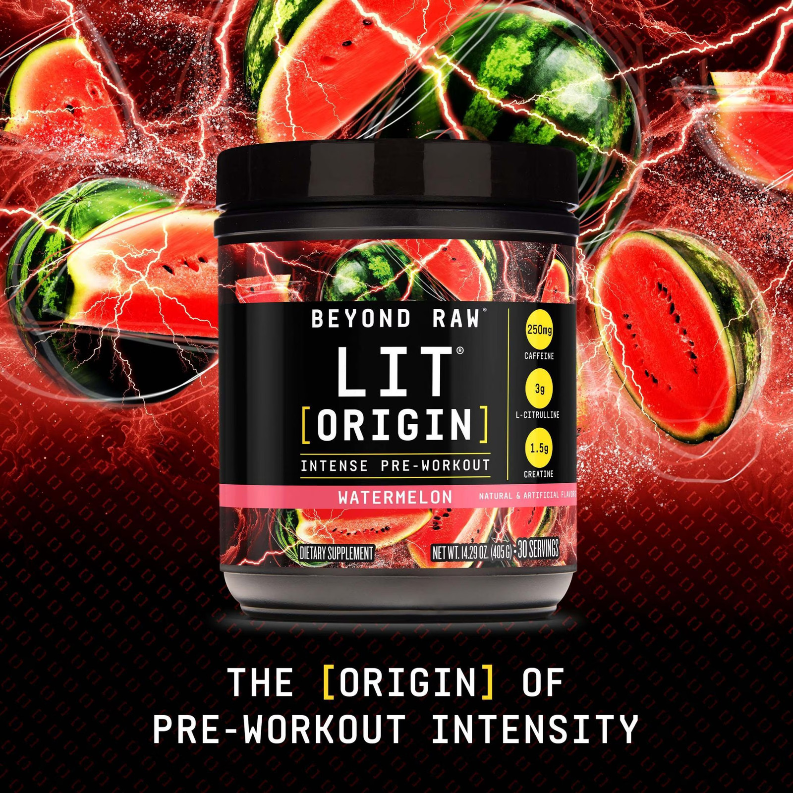 Beyond Raw LIT Origin Pre Workout Powder, Watermelon, for Men & Women, Energy &