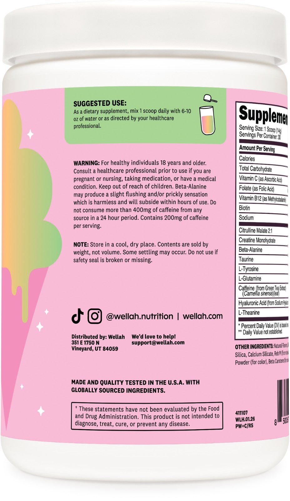 Wellah Pre-Workout + Creatine Powder (30 Servings) Rainbow Sherbert -3g Creatine
