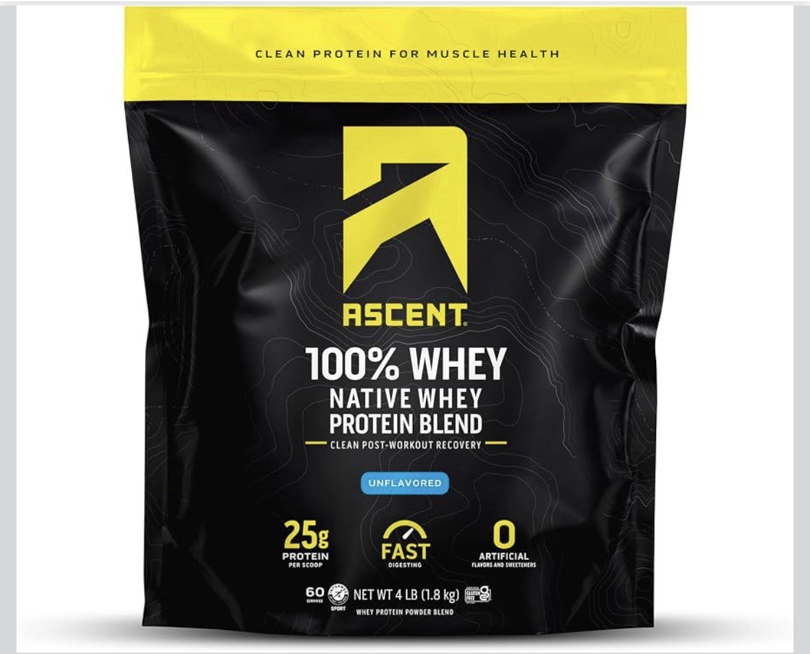 Ascent 100% Whey, Native Whey Protein Blend, UNFLAVORED (4.25 Pounds)