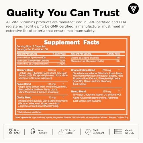 Vital Vitamins Nootropic Brain Supplement Plus – for Memory, Focus, Concentratio