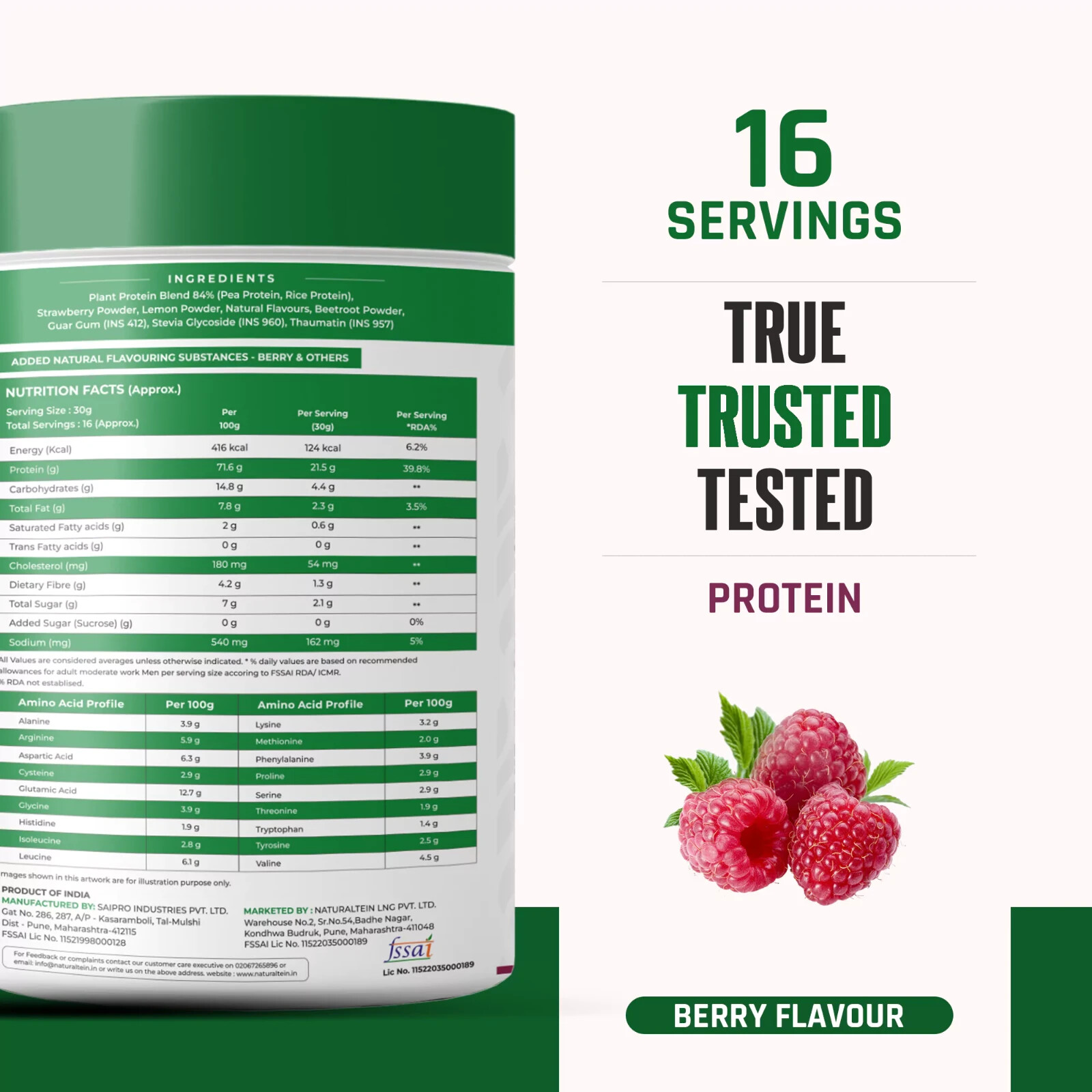 NATURALTEIN – 100% Natural Plant Protein – Berry (21.5 G Protein)