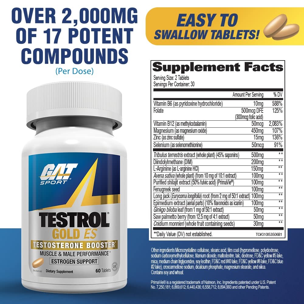 GAT SPORT Testrol Gold ES, Tribulus, DIM, Zinc, 60 Count (Pack of 1), Blue