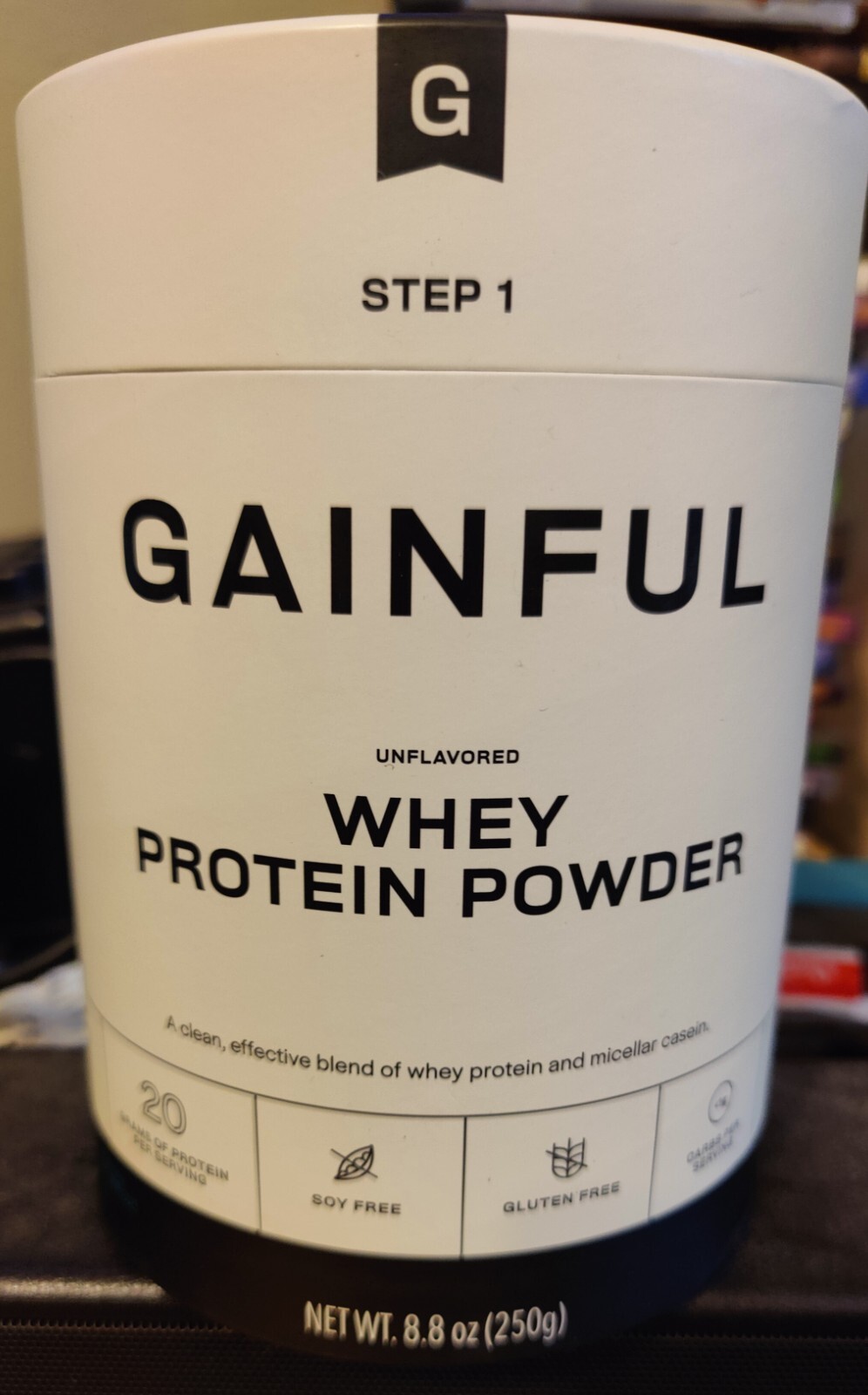 GAINFUL WHEY PROTEIN POWDER, UNFLAVORED. 8.8oz. Casein. NO rBST. Gluten Free