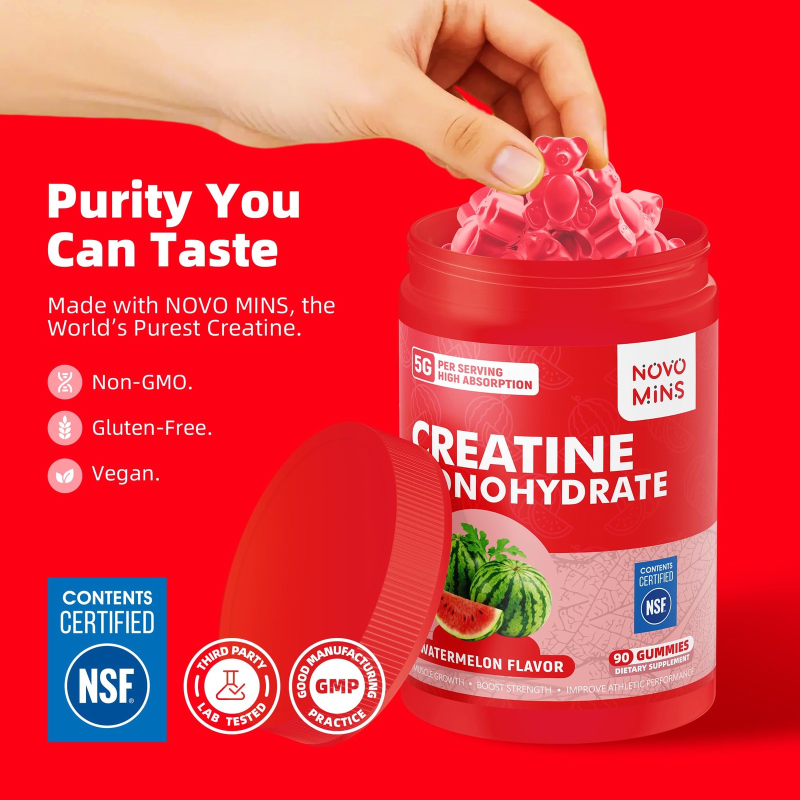 NSF Certified Creatine Monohydrate Gummies 90 Count (Pack of 1), Watermelon