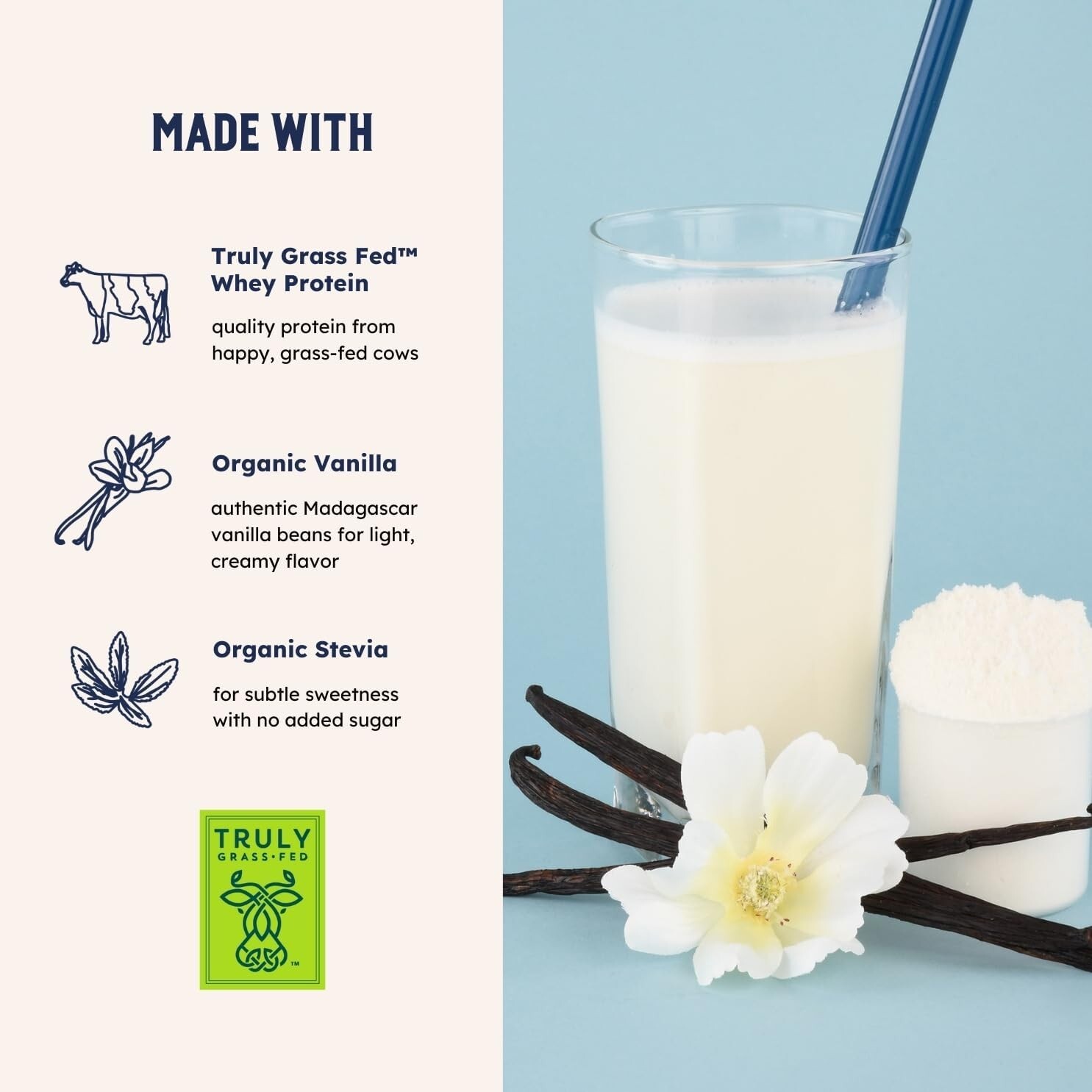 Vanilla Whey Protein Powder 2lb – Truly Grass Fed, No Additives, Easy Blend