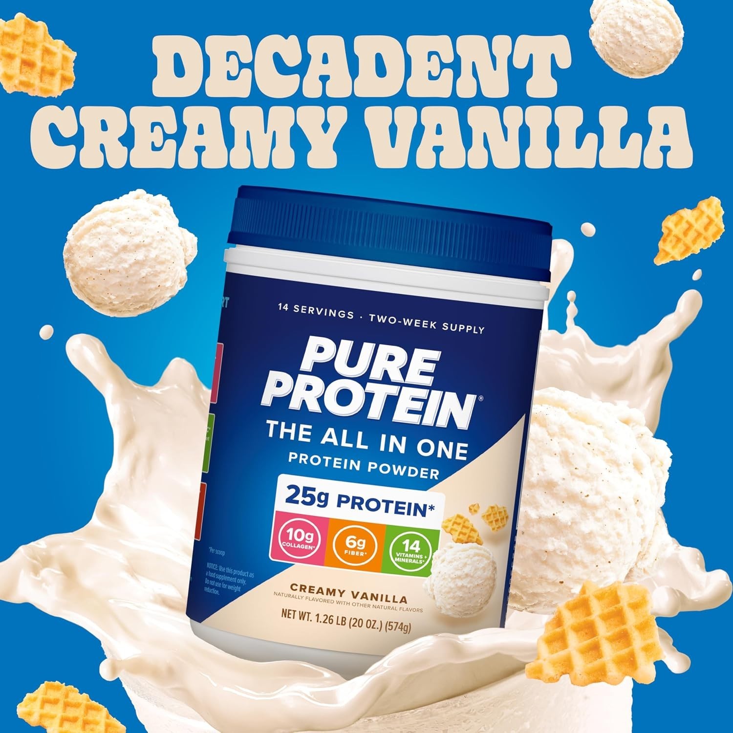 Pure Protein All-In-One Powder Vanilla Whey Collagen High Fiber Vitamins 1.25lb