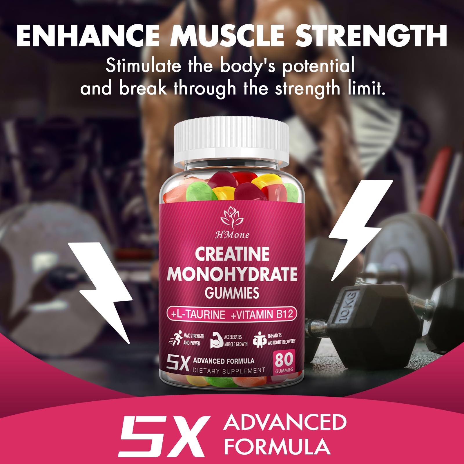 HMone Creatine Monohydrate Gummies – 5g for Men & Women, 80 Count (Pack of 2)