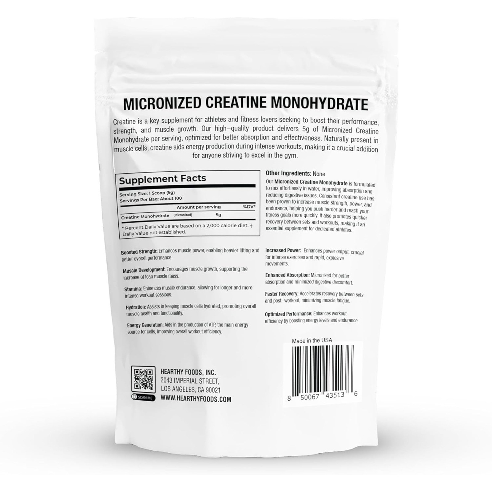 HEARTHY FOODS Creatine Monohydrate Micronized Powder 500G – 100 Servings, 5000mg