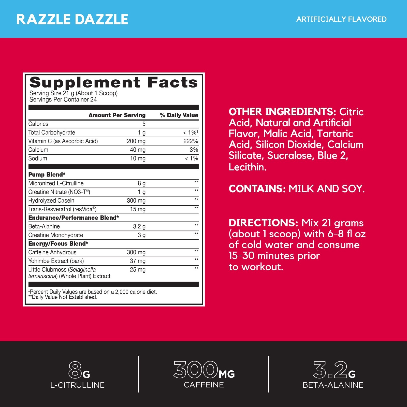 Pre Workout Powder – Razzle Dazzle Flavor, 24 Servings, 8g L-Citrulline, Energy