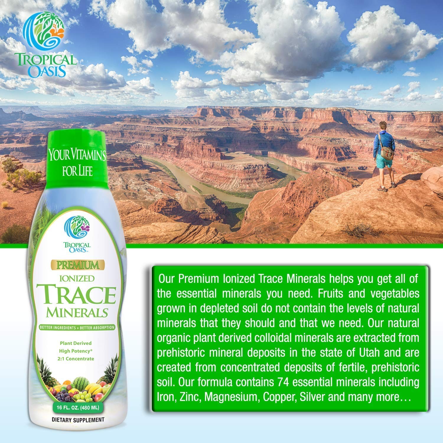 Tropical Oasis Ionized Plant-Based Liquid Trace Minerals Formula – 74 Essential