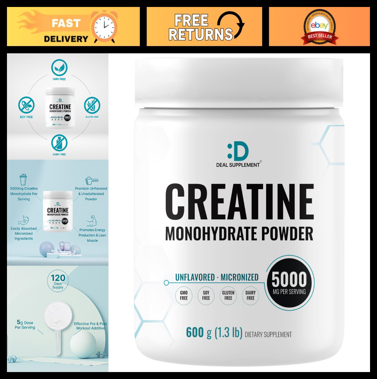Micronized Creatine Monohydrate Powder 5g – 120 Servings, Unflavored, Vegan, Ket