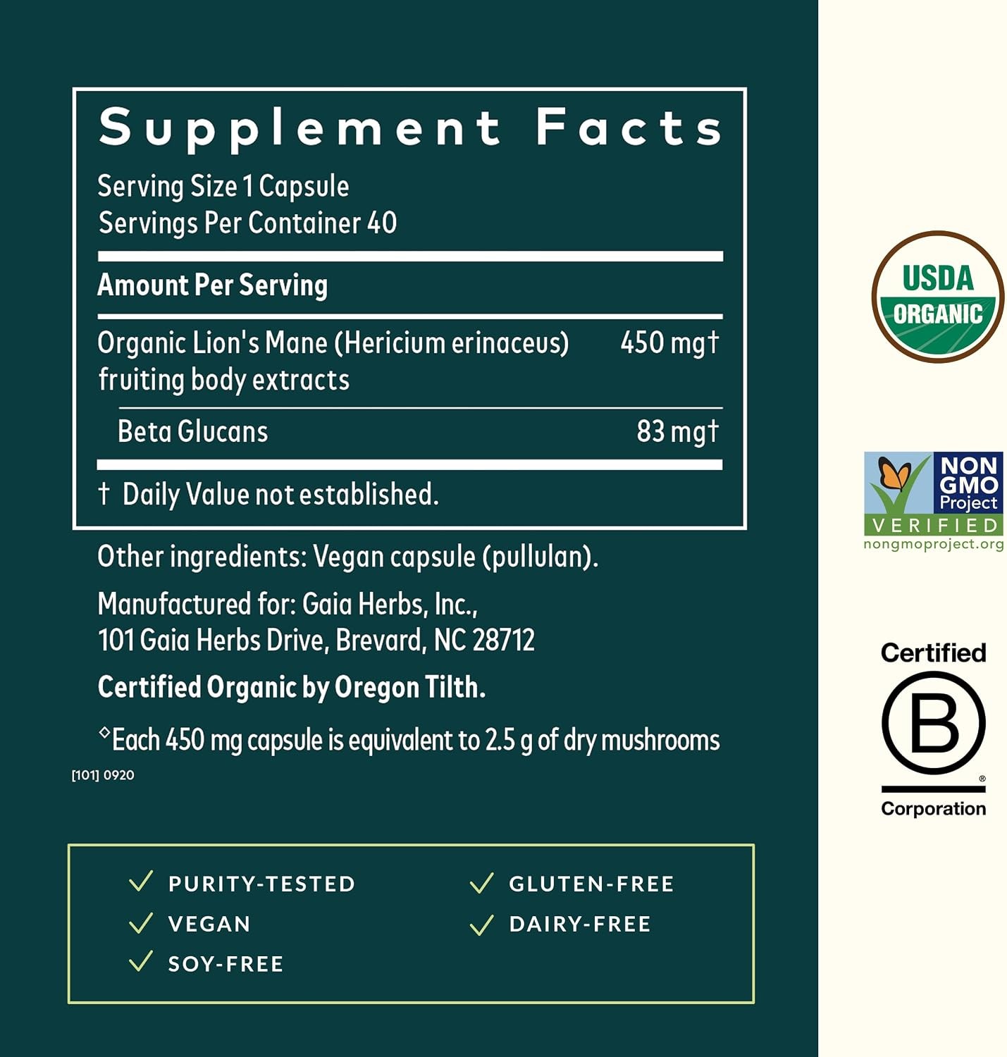 Gaia Herbs Lion’s Mane Mushroom – Brain Health Support* – 40 Vegan Capsules (40