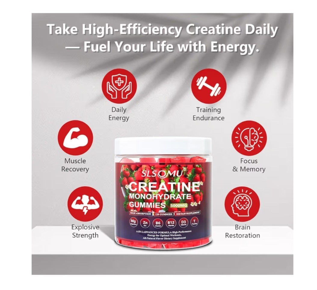 SLSOMU Creatine Monohydrate Gummies 5000mg Strawberry Vegan Sugar-Free 120ct