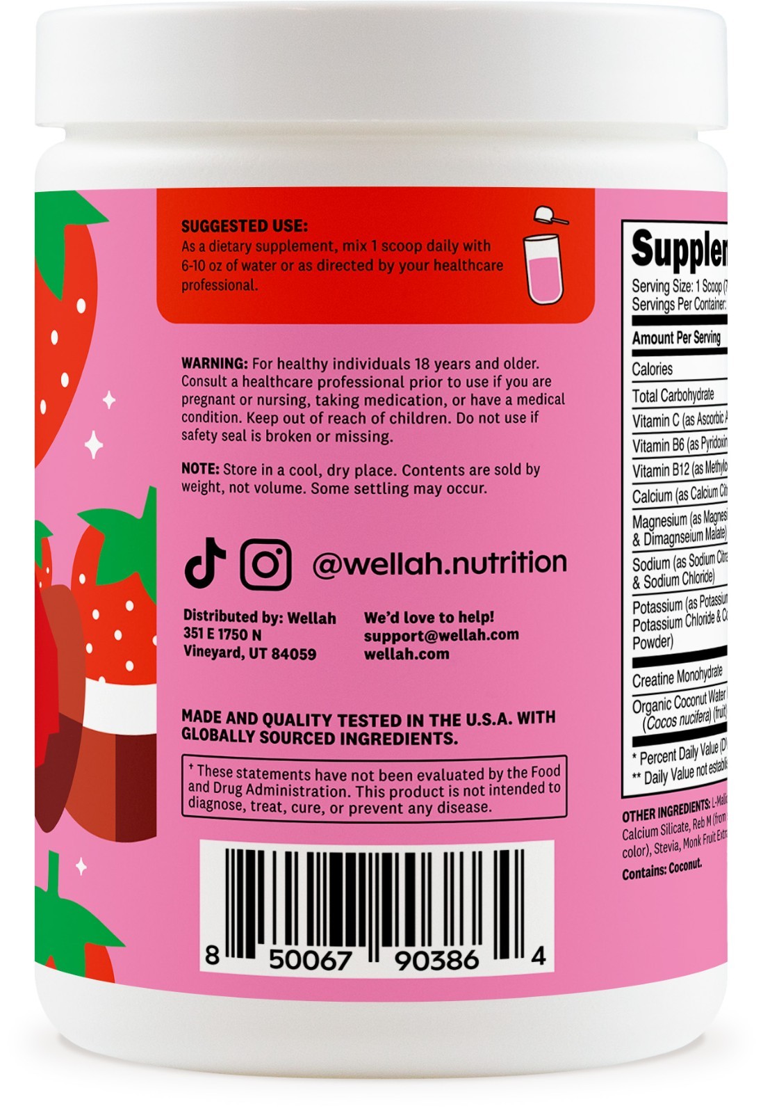 Wellah Creatine + Hydration Powder (Strawberry Coconut) 30 Servings – Drink Mix