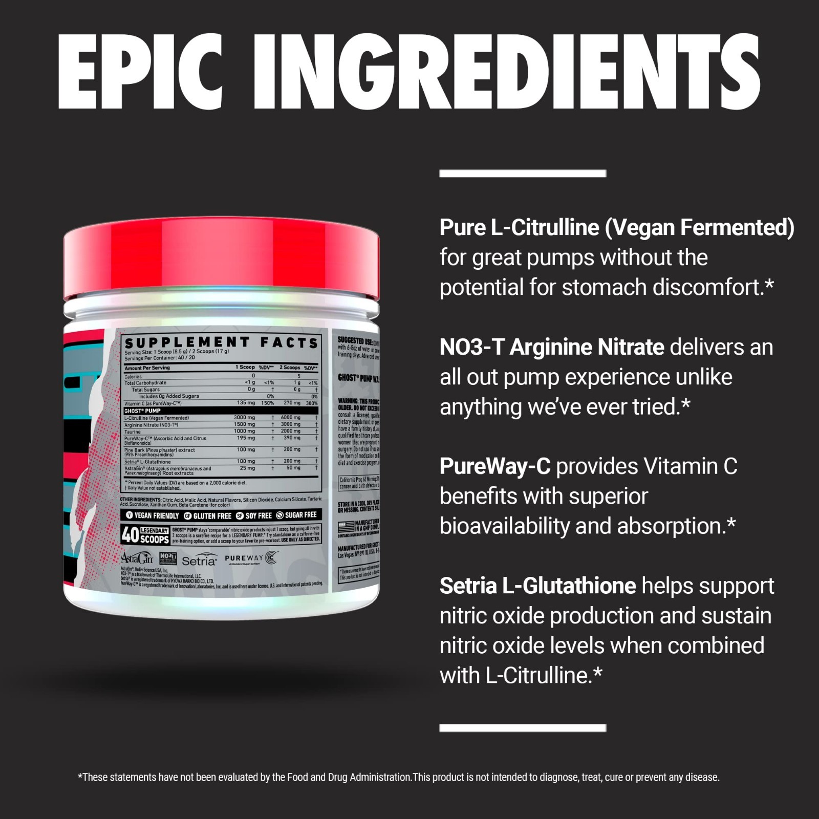 Stim-Free Nitric Oxide Powder, Peach Flavor, 40 Servings – Caffeine-Free Pre-Wor