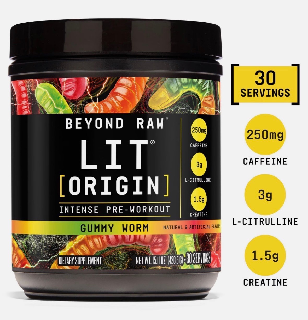 NEW! Beyond Raw LIT Origin Intense Pre-Workout Powder Energy Gummy Worm Exp 5/28