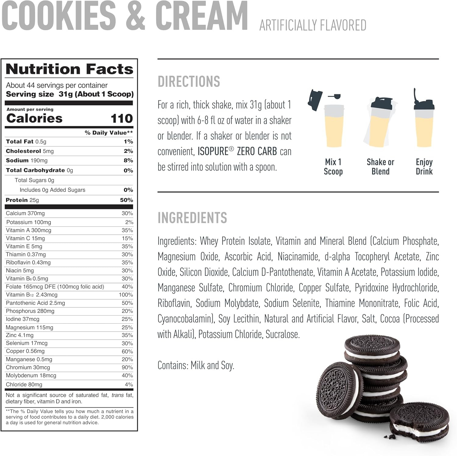 Isopure Zero Carb Whey Isolate Protein Cookies & Cream 3 lbs 25g 44 Servings