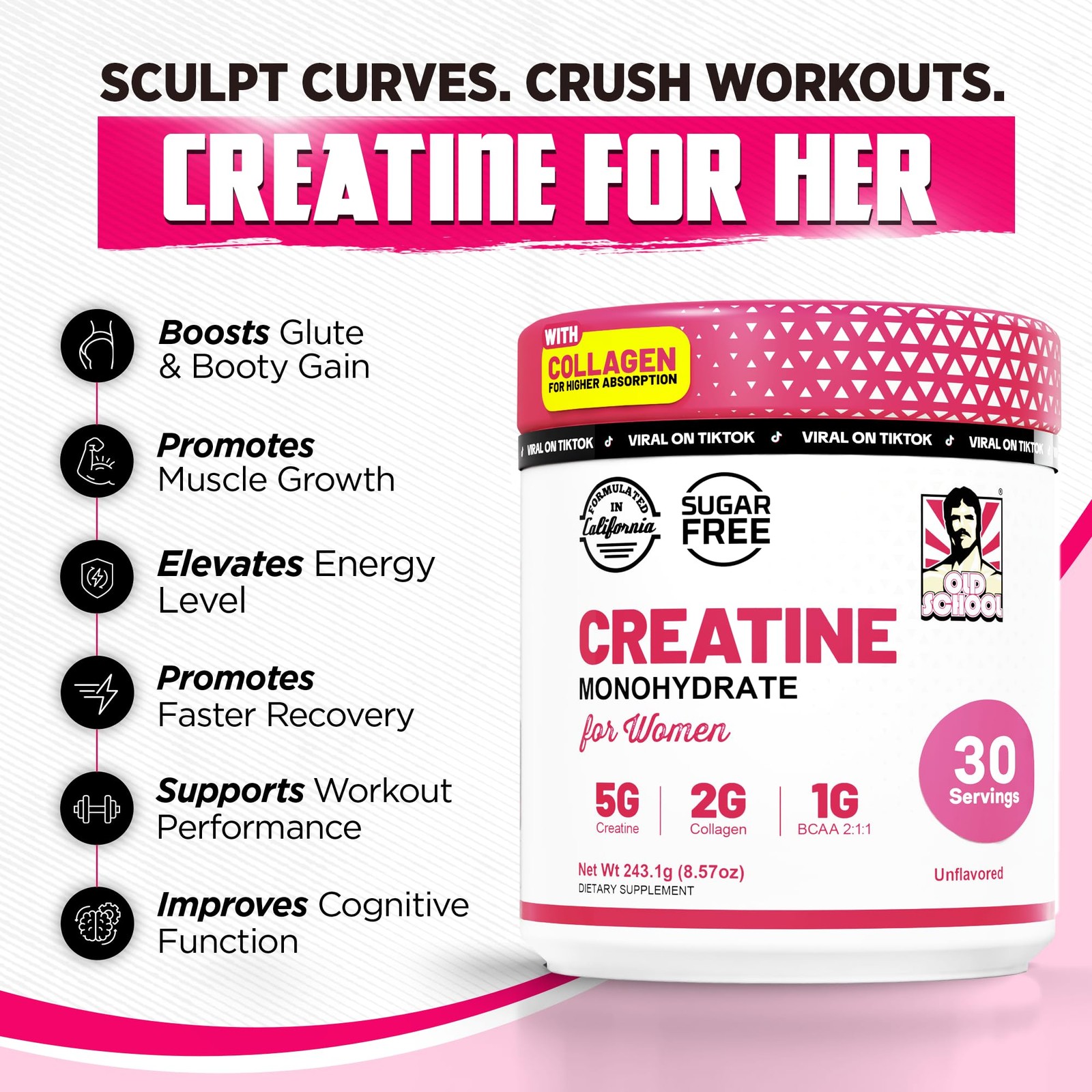 Monohidrato De Creatina Polvo Con Colágeno Para Crecimiento Muscular De Mujeres