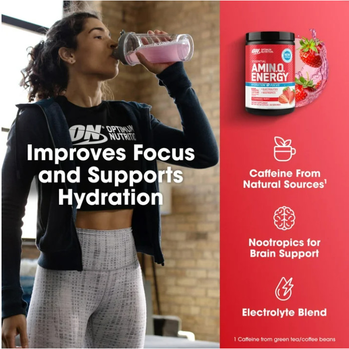 Optimum Nutrition Amino Energy Hydration + Focus Powder, Strawberry Burst 9.5 oz