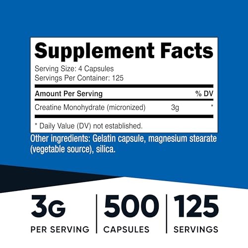 Nutricost Micronized Creatine Monohydrate 3,000mg, 500 Capsules, 125 Servings