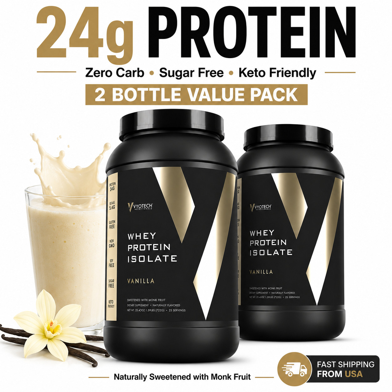 Whey Protein Isolate Vanilla Zero Carb Sugar Free Protein Powder 2 Pack