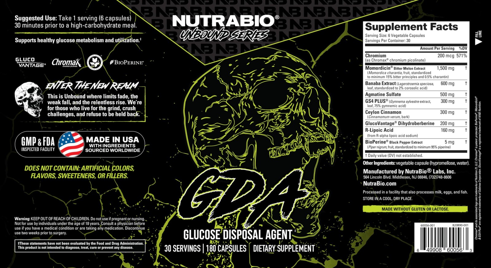 NutraBio Unbound GDA Glucose Disposal Agent 180 Capsules exp 7/27