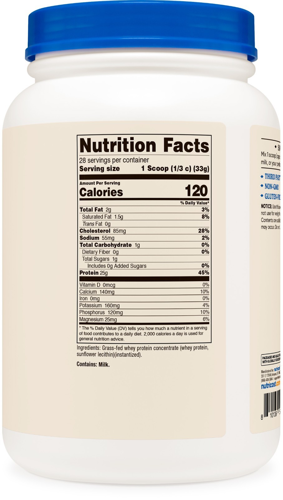 Nutricost Grass-Fed Whey Protein Concentrate (Unflavored) 2LBS