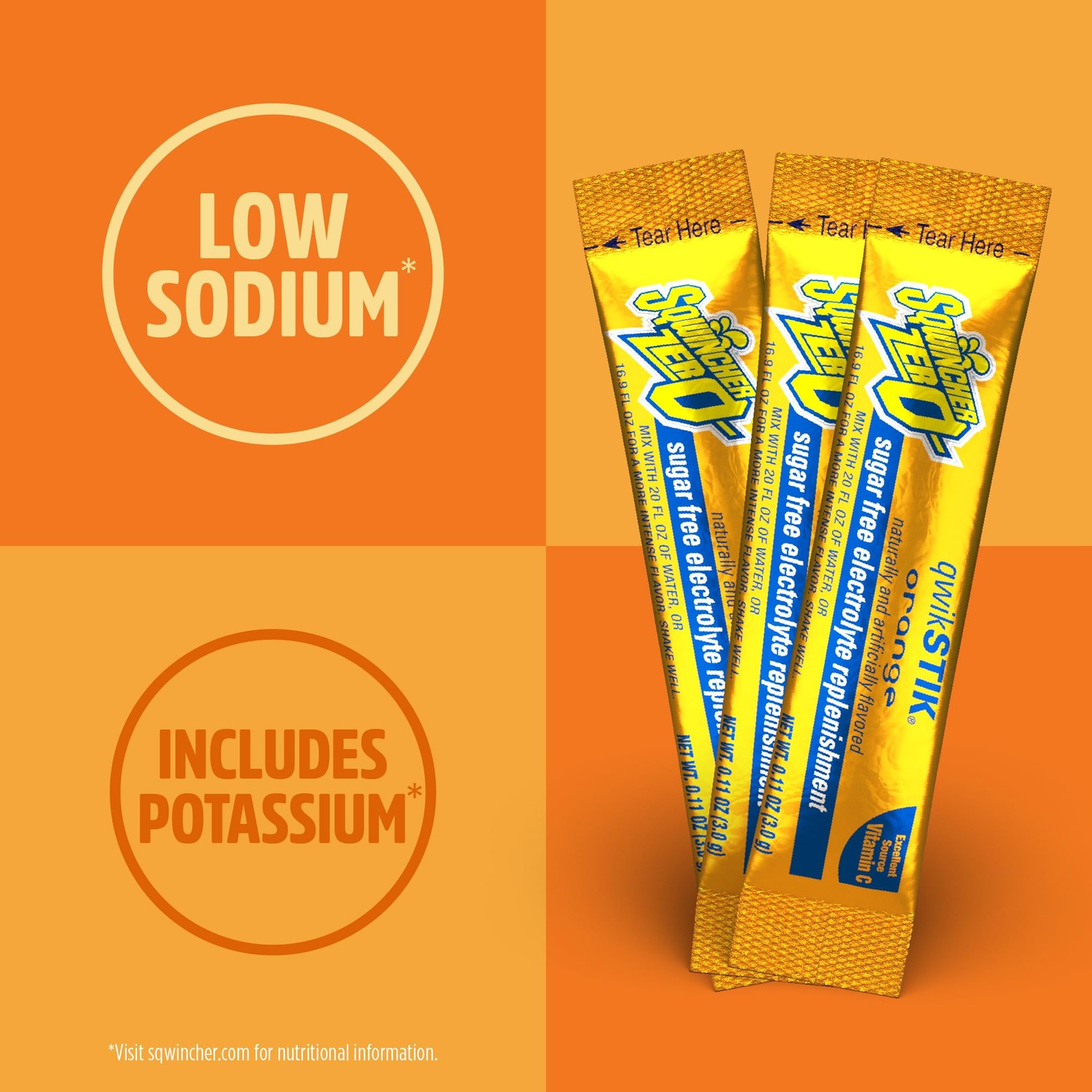 Sqwincher Zero Qwik Stik, Orange, Sugar Free, Low 0.11 Ounce (Pack of 50)