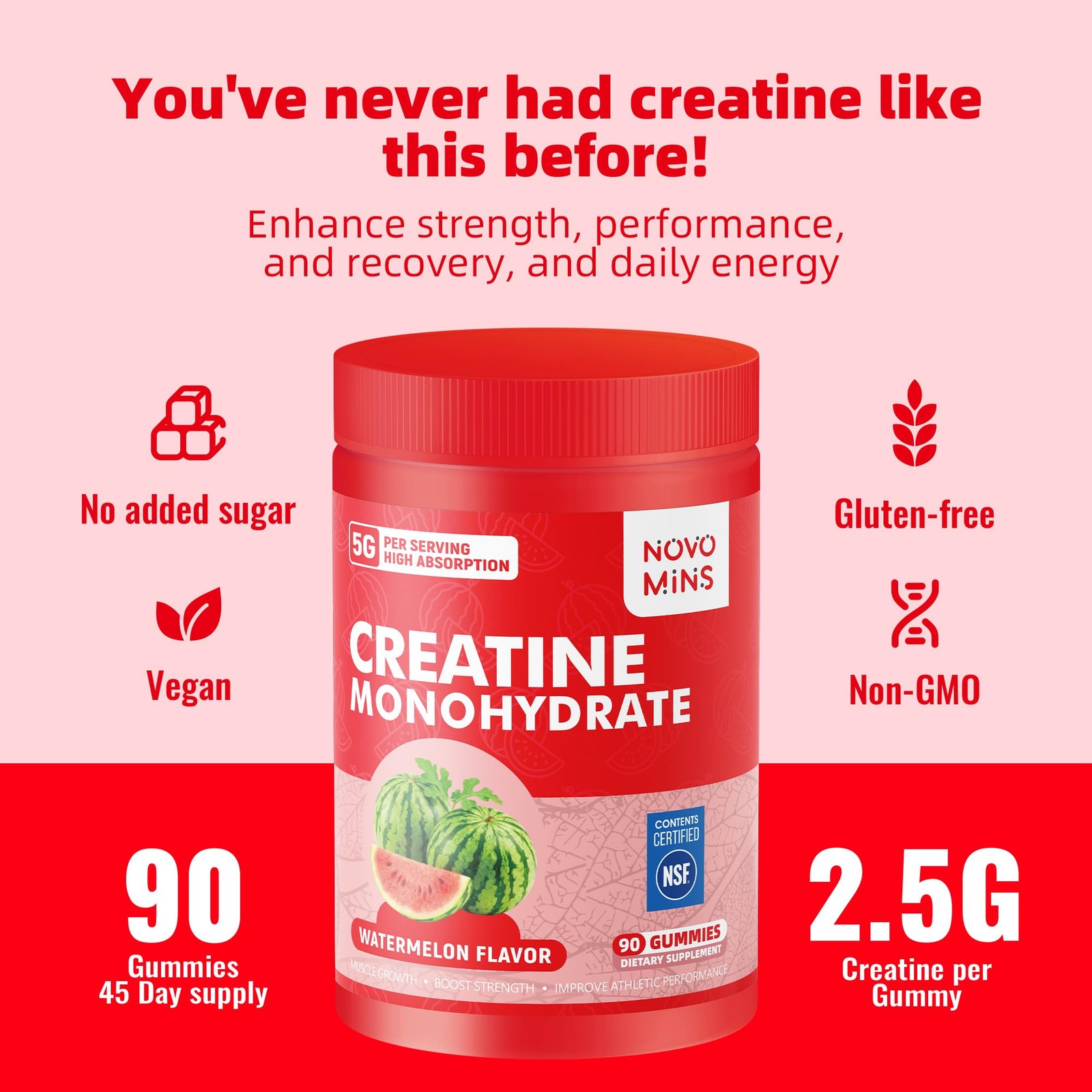 NSF Certified Creatine Monohydrate Gummies 90 Count (Pack of 1), Watermelon
