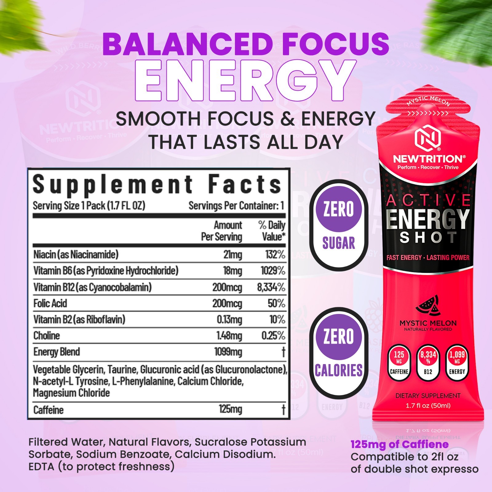 NewTrition Active Energy Shots 24ct 125mg Caffeine B12 Focus Energy Drink Pouch