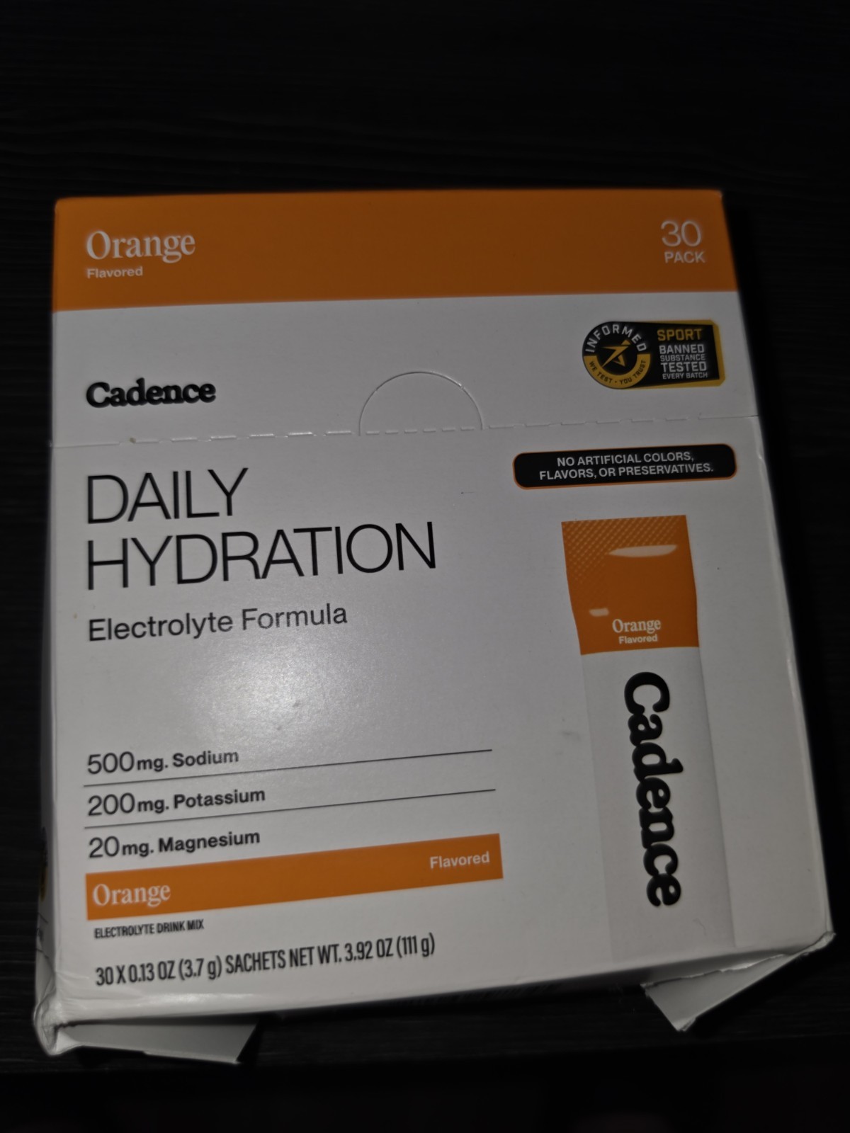 Cadence Electrolyte Hydration Sachets Orange Flavor 30 Pack