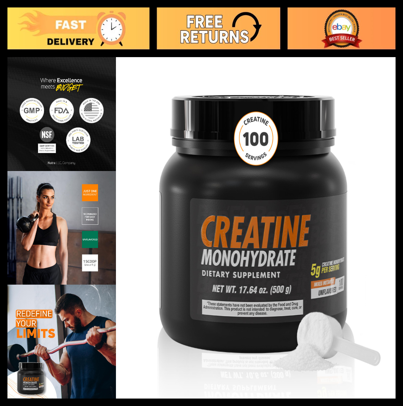 Unflavored Creatine Monohydrate Powder 500g – 5g per Serving, 100 Servings