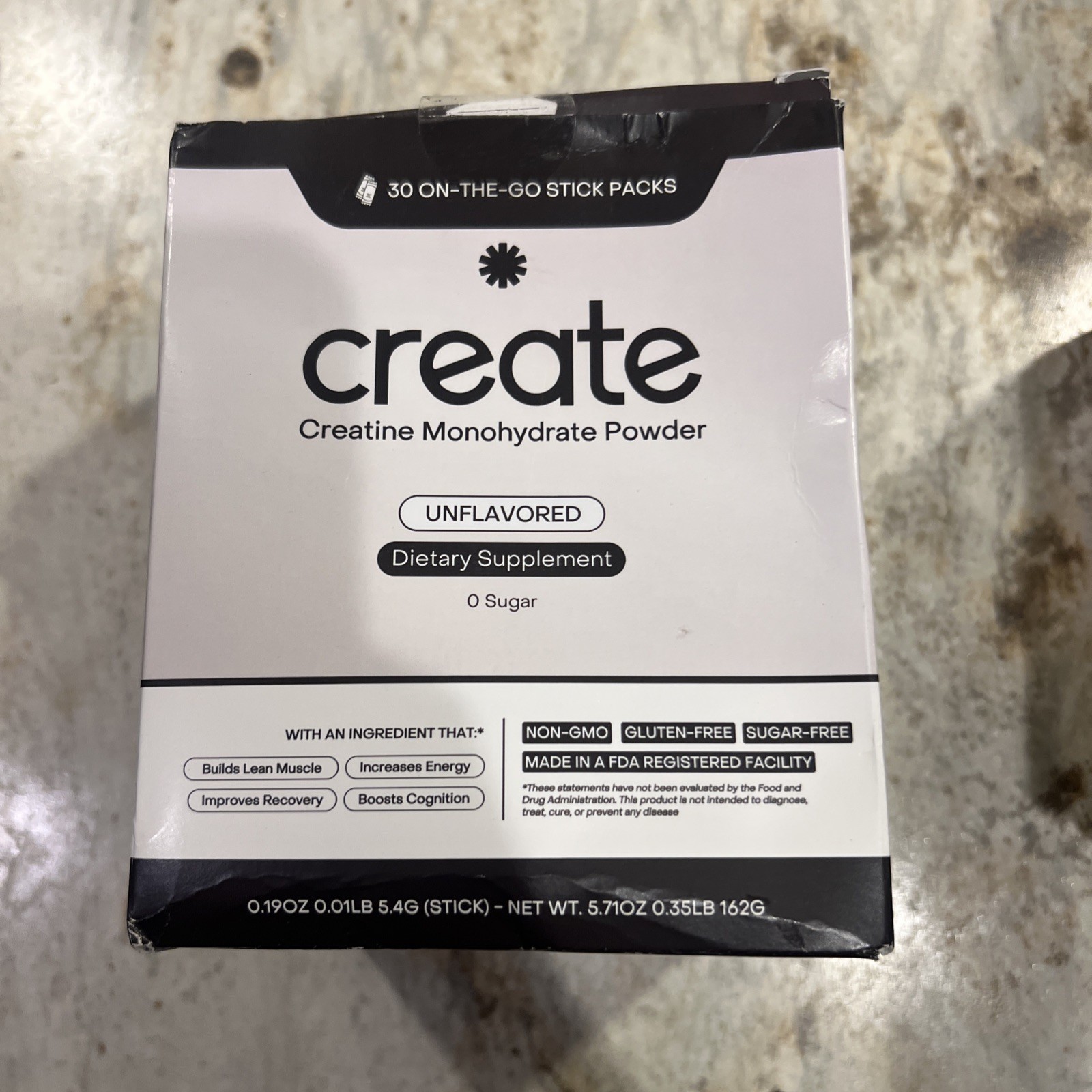 Create Creatine Monohydrate Powder Unflavored 30ct On-The-Go Stick Packs 08/2027