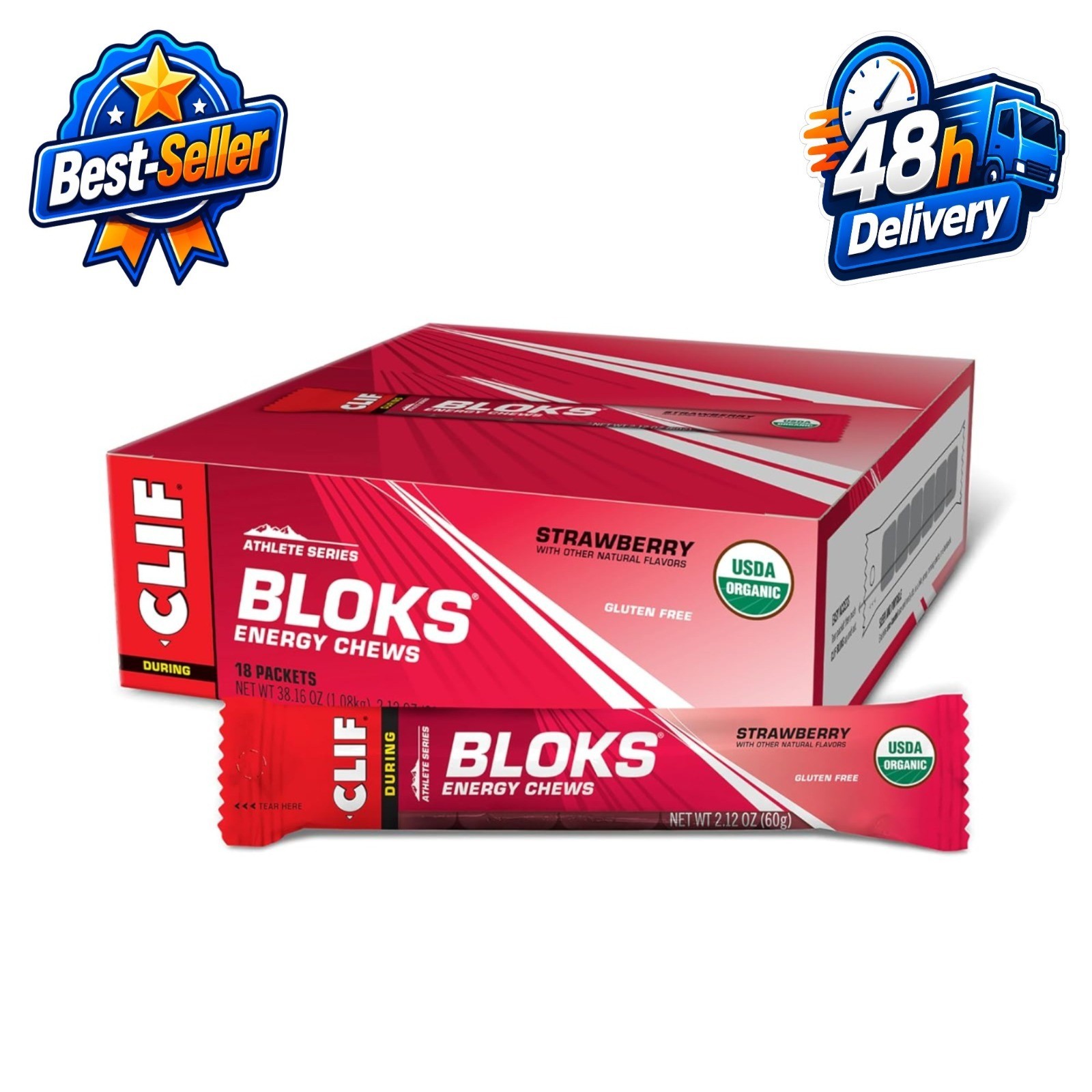CLIF BLOKS Strawberry Flavor Energy Chews – Plant Based, Non-GMO, 18 Count