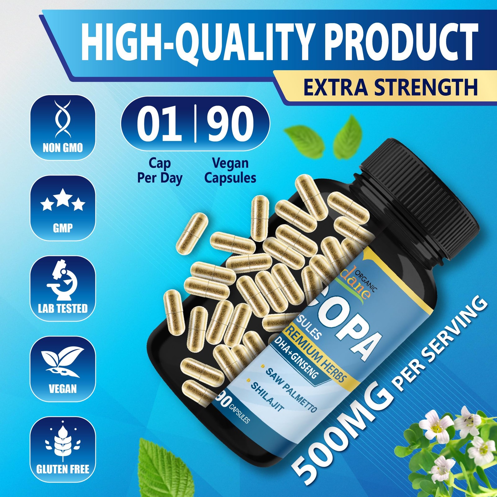 Organic Cadane Bacopa Monnieri Supplement – Blended with 90 Count (Pack of 1)
