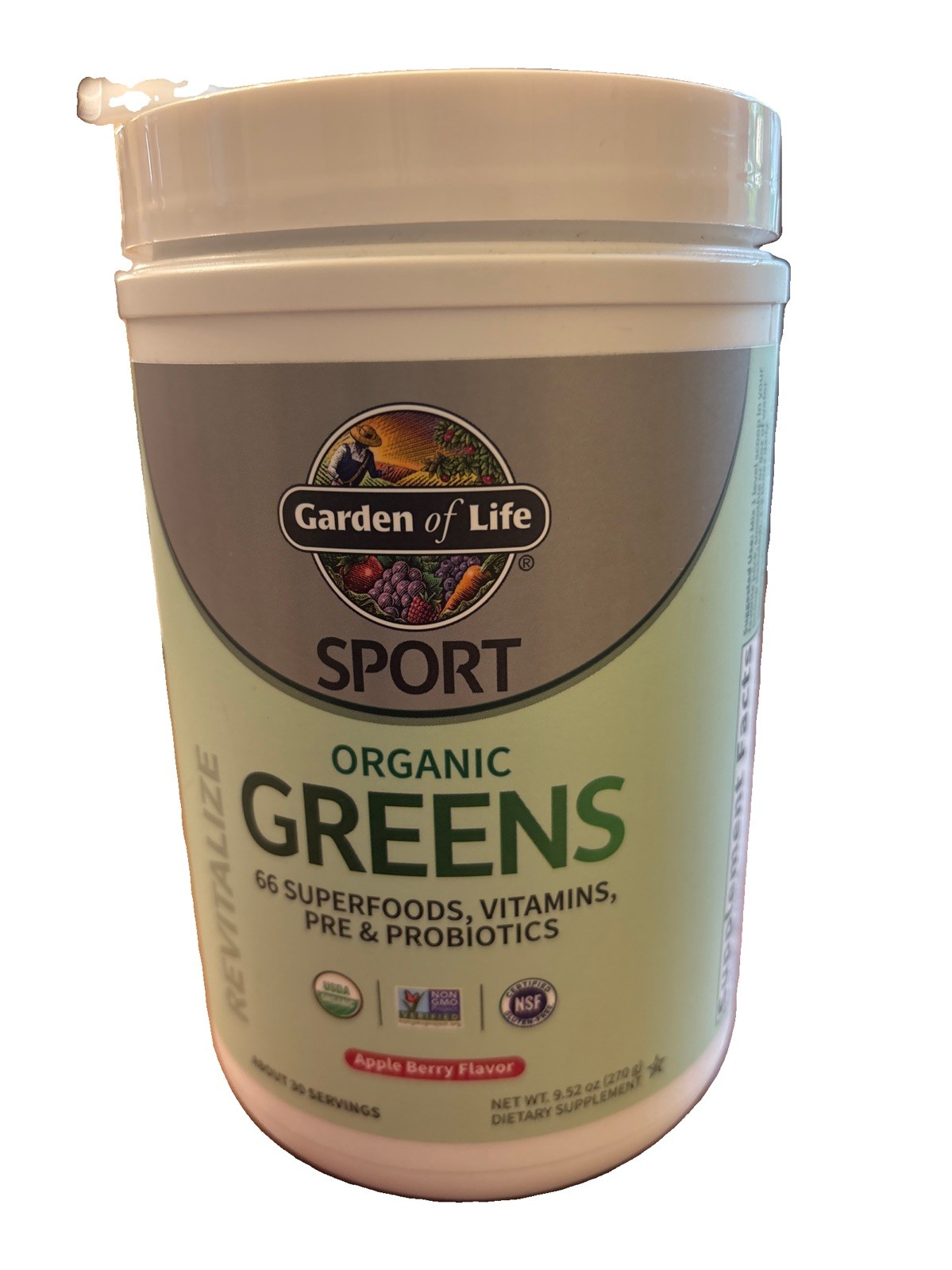 Garden Of Life SPORT ORGANIC GREENS 9 oz (30 Serv) Apple Berry Exp 10/27 2c)