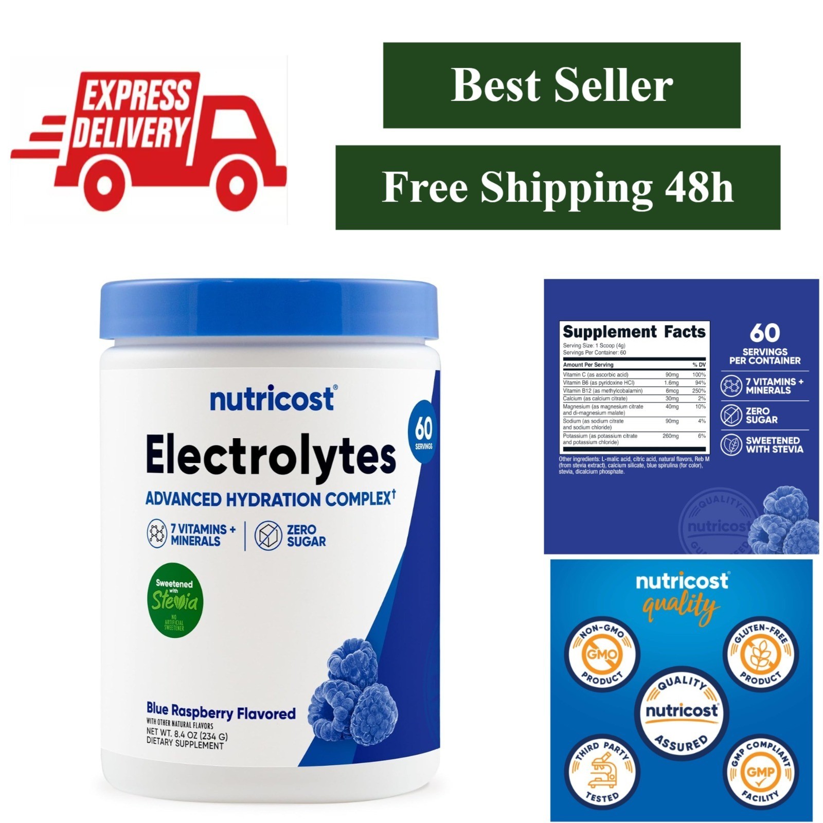 Nutricost Electrolyte Complex Powder 60 Servings Blue Raspberry