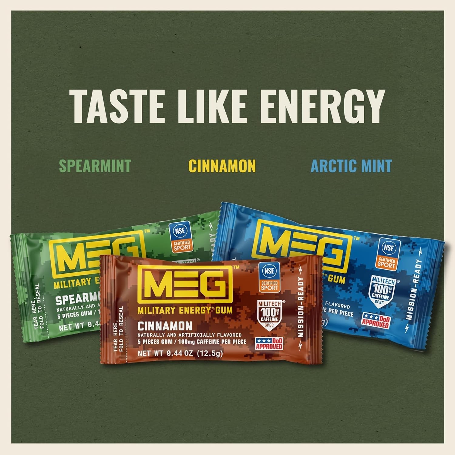 MEG Gum – Military Energy | 100mg of Caffeine Per Green, Red, Light Blue