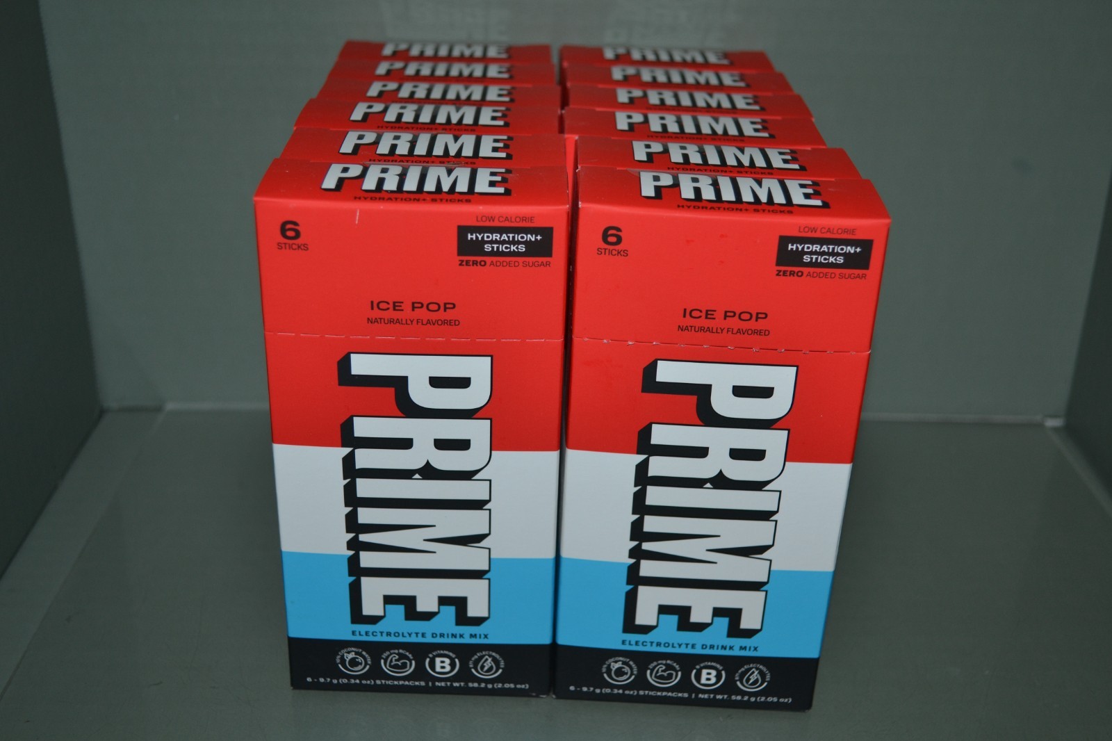 (12) PRIME HYDRATION Electrolyte Drink Mix, Ice Pop Flavor, 6 In Each, BB 04/27