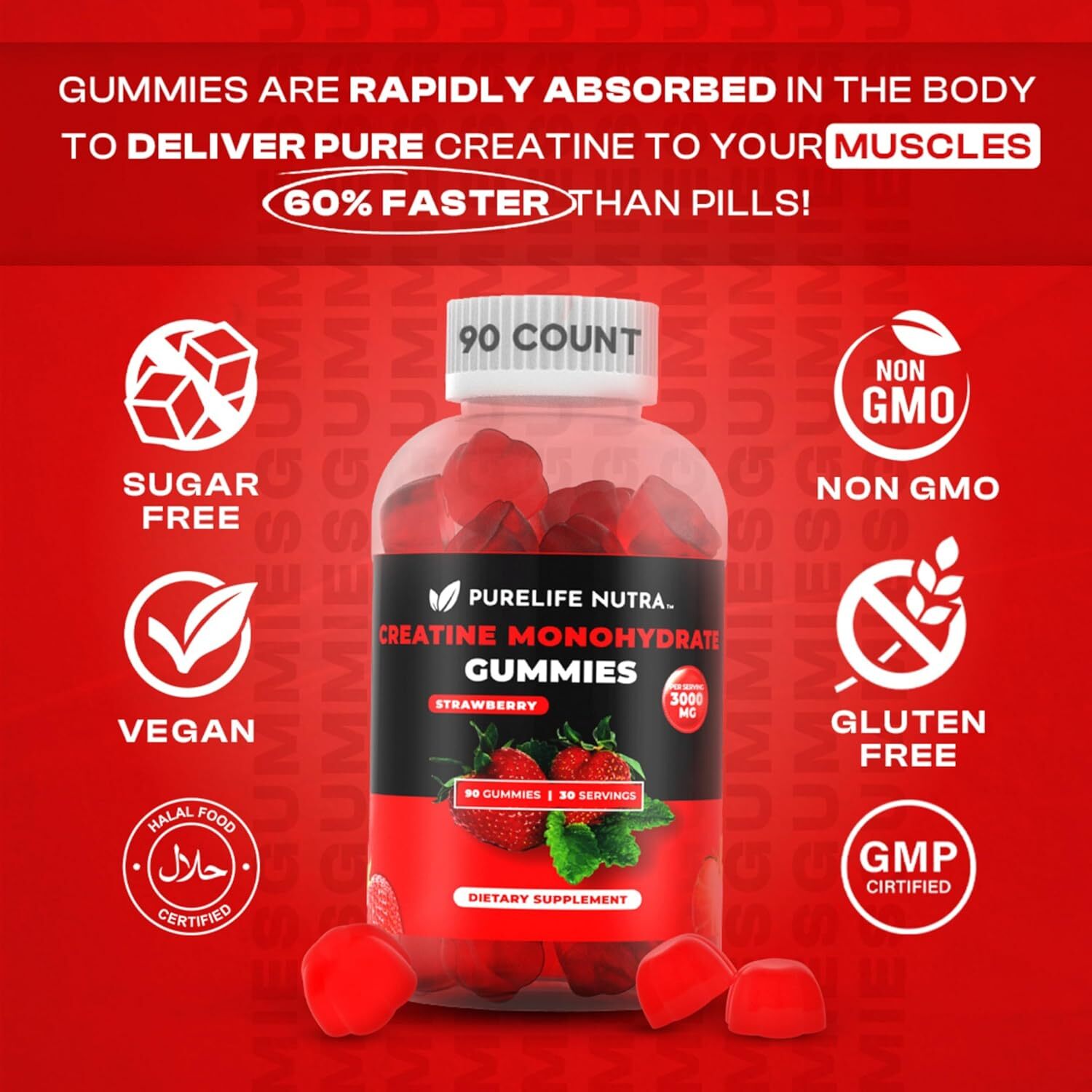 PURELIFE NUTRA Creatine Monohydrate, Strawberry flavored Gummies exp 10/26